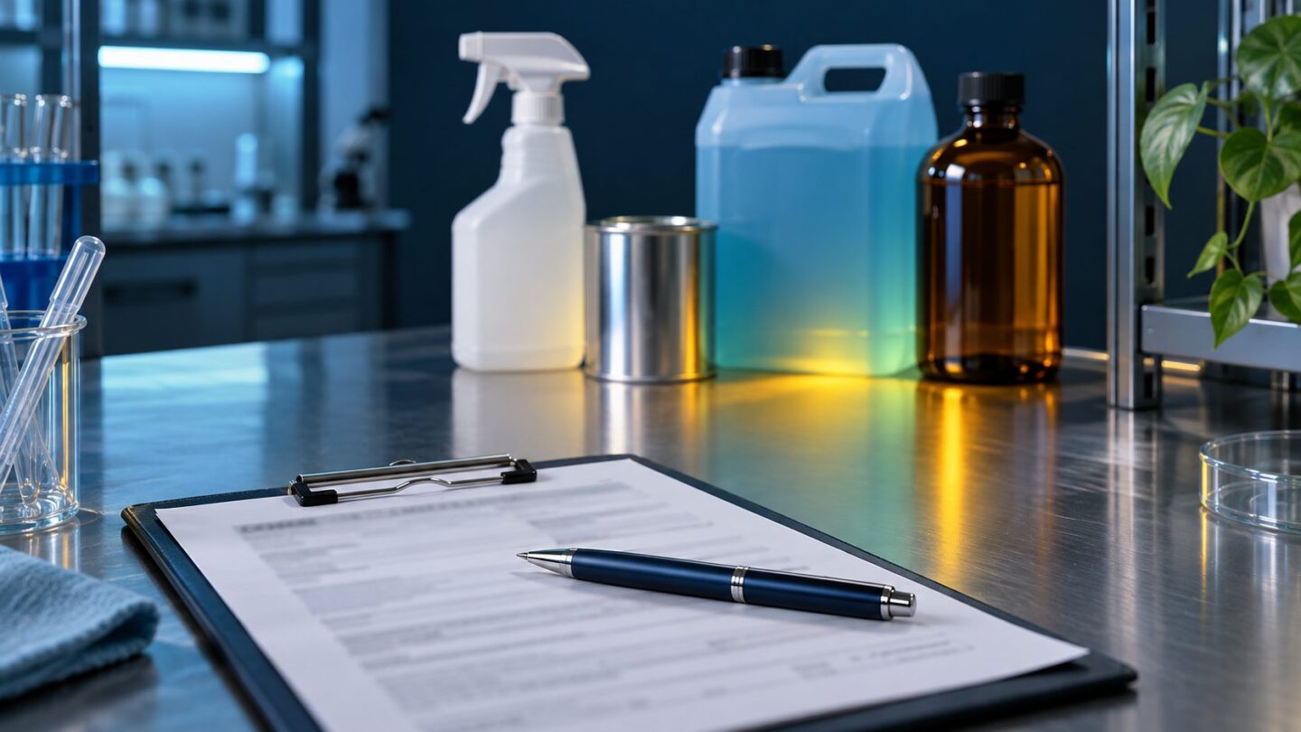 Verschillende chemische producten naast elkaar met een veiligheidsinformatieblad op een klembord